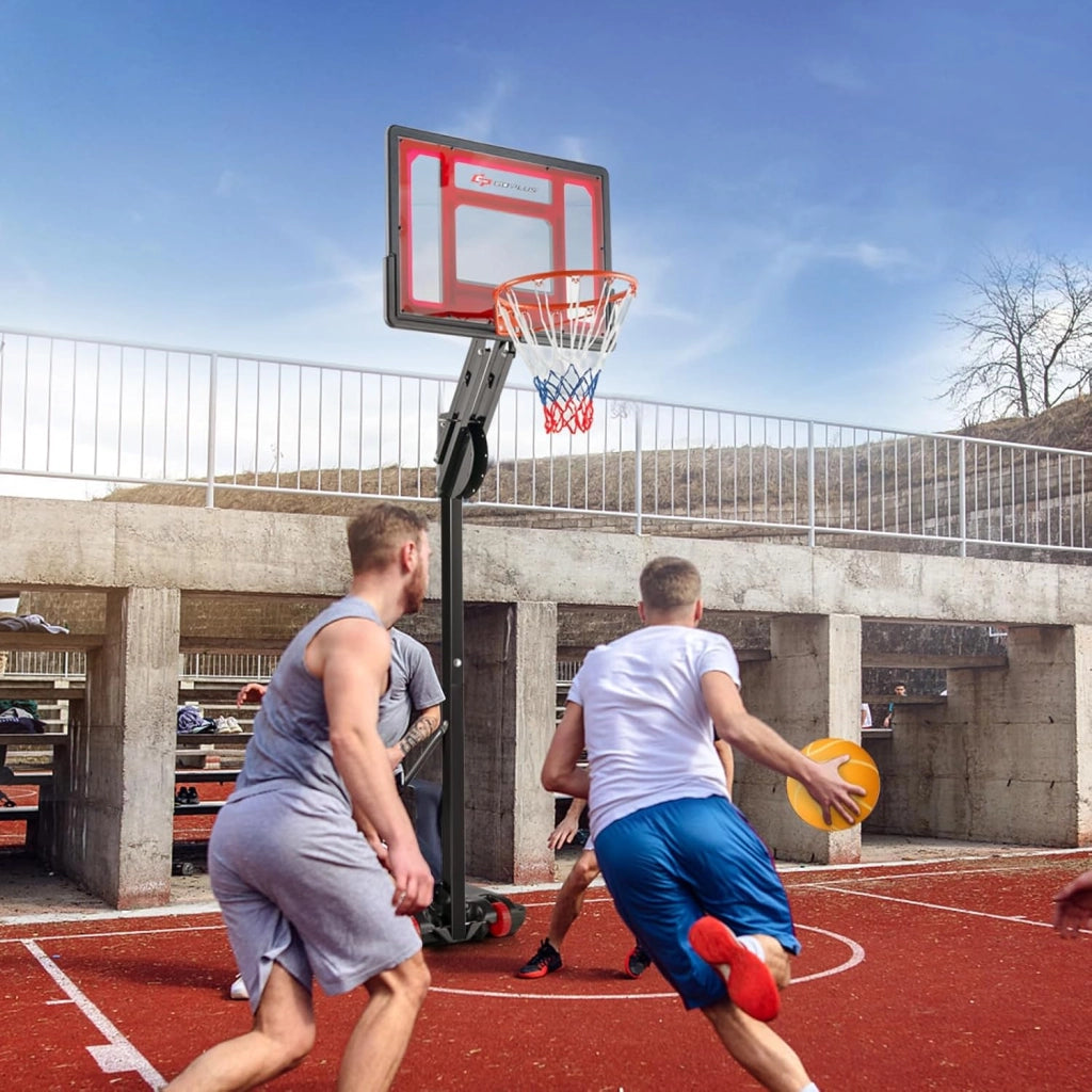 COSWAY Canestro da Basket da Esterno, Canestro da Basket Portatile e Regolabile a 10 Livelli con Tabellone da 82cm, Base Riempibile, 2 Ruote, Borsa, Pallone e Pompa