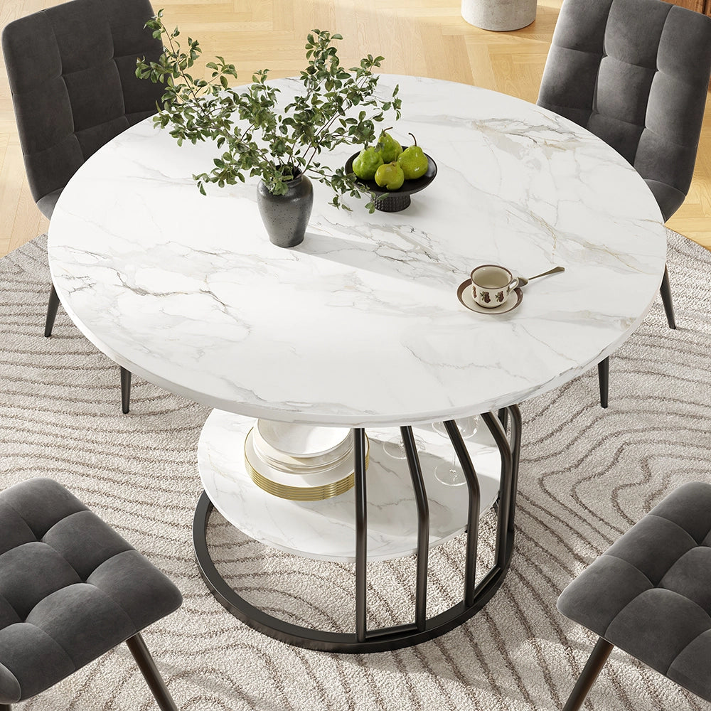 Set tavolo-Xylo-80cm rotondo 4 sedie grigio piedi neri piano marmorizzato