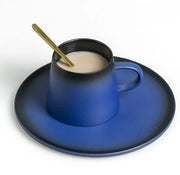 Tazze da caffè con piatto corrispondente e cucchiaio dorato, tazza da 180 ml per uso quotidiano e ufficio (blu)