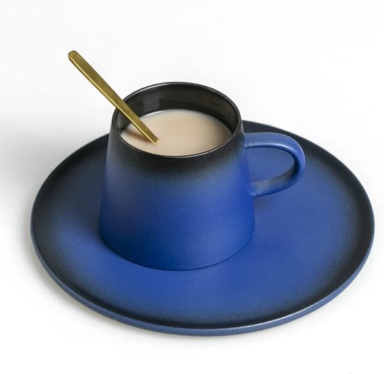 Tazze da caffè con piatto corrispondente e cucchiaio dorato, tazza da 180 ml per uso quotidiano e ufficio (blu)