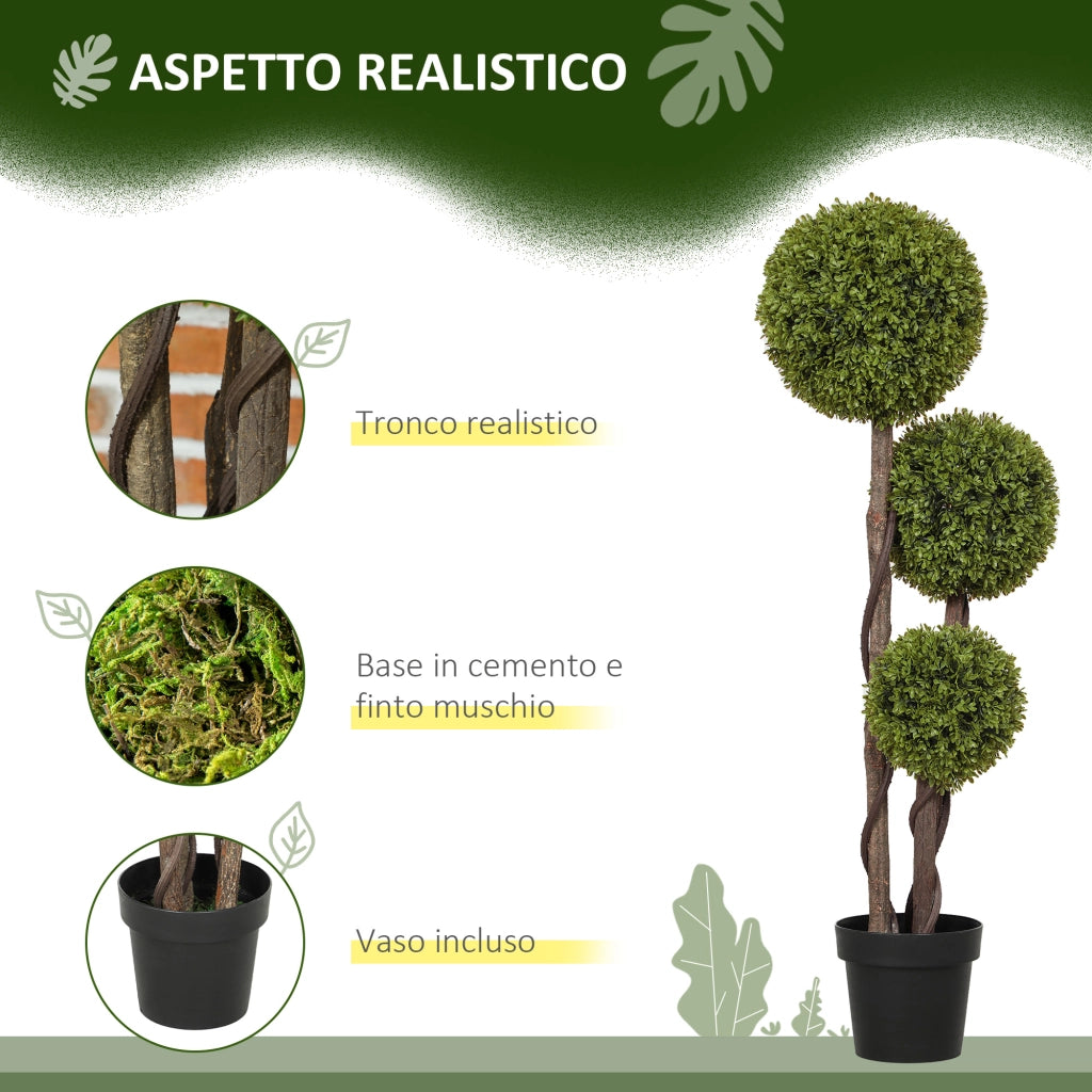 Pianta di Bosso Artificiale a 3 Sfere con Vaso Incluso e Fondo Rinforzato, Altezza 115 cm