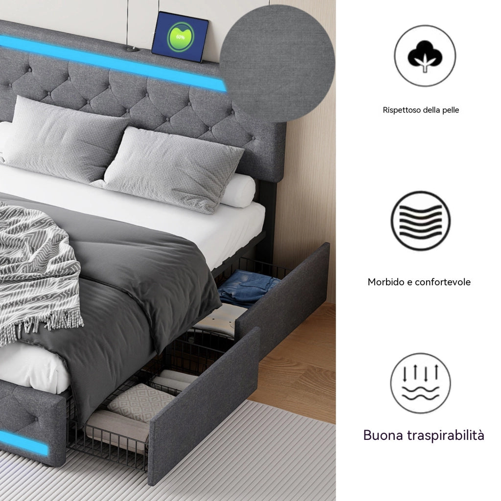Letto matrimoniale contenitore 160x200 cm con testiera regolabile LED e porte USB struttura letto con 4 cassetti in legno lino grigio