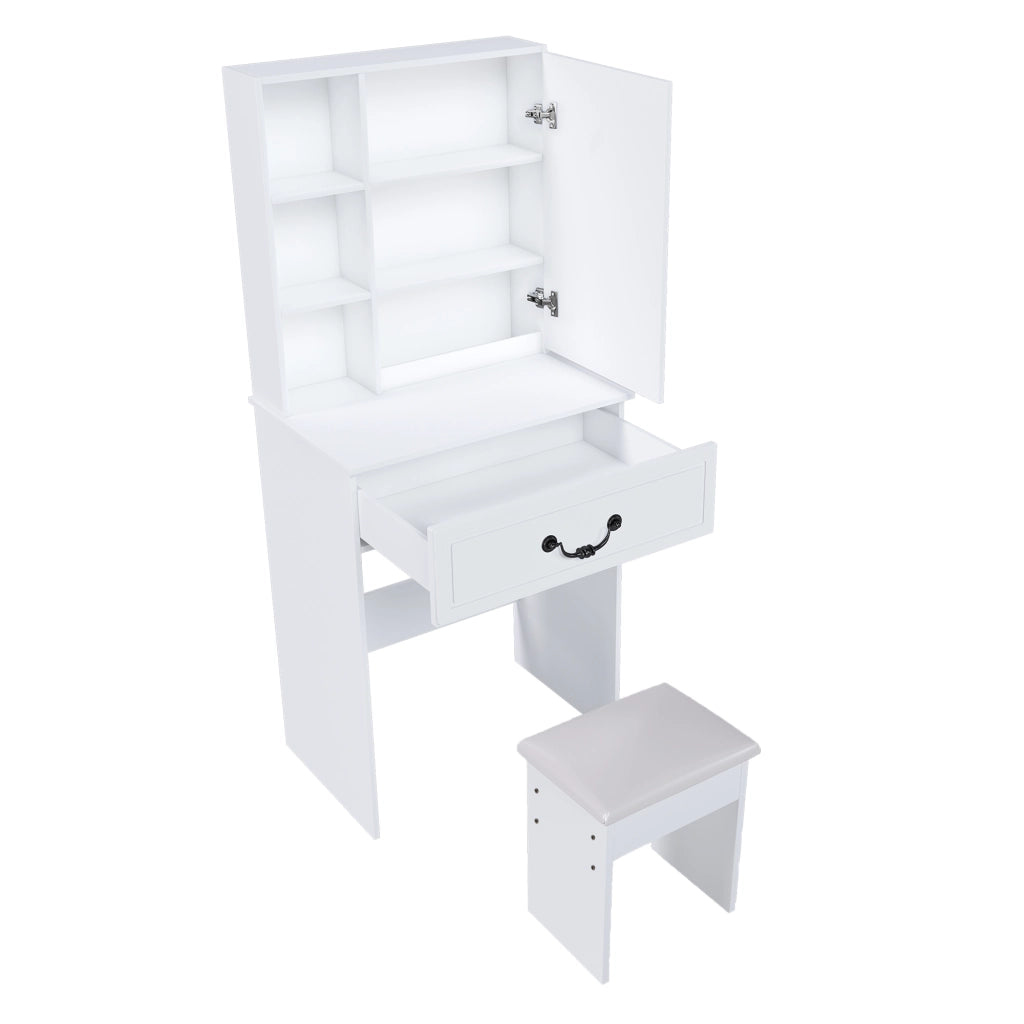 Toeletta moderna salvaspazio con specchio LED dimmerabile e sgabello imbottito in MDF bianco