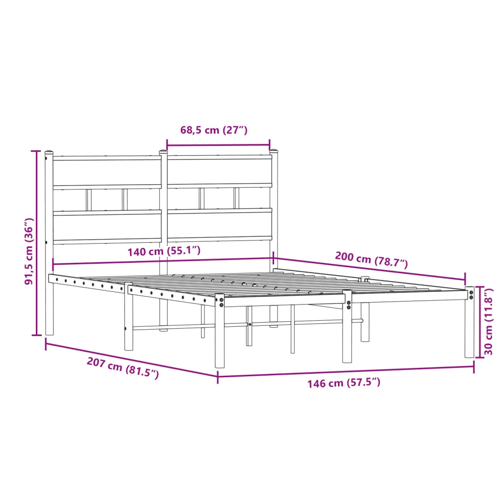 Letto matrimoniale | Letto per adulti | Giroletto senza Materaso in Metallo Rovere Fumo 140x200 cm
