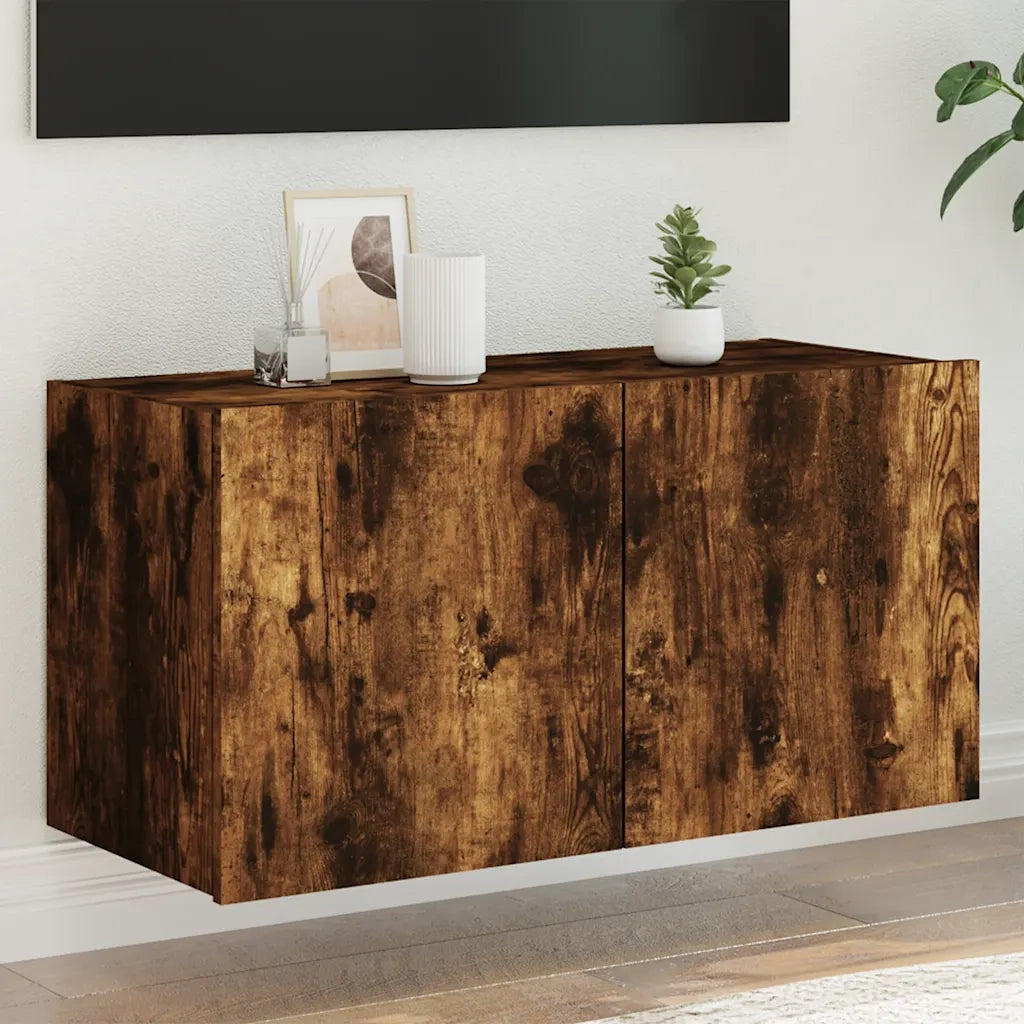 Mobile TV a Parete | Armadietto TV | Mobile Porta TV con Luci LED Rovere Fumo 80x35x41 cm