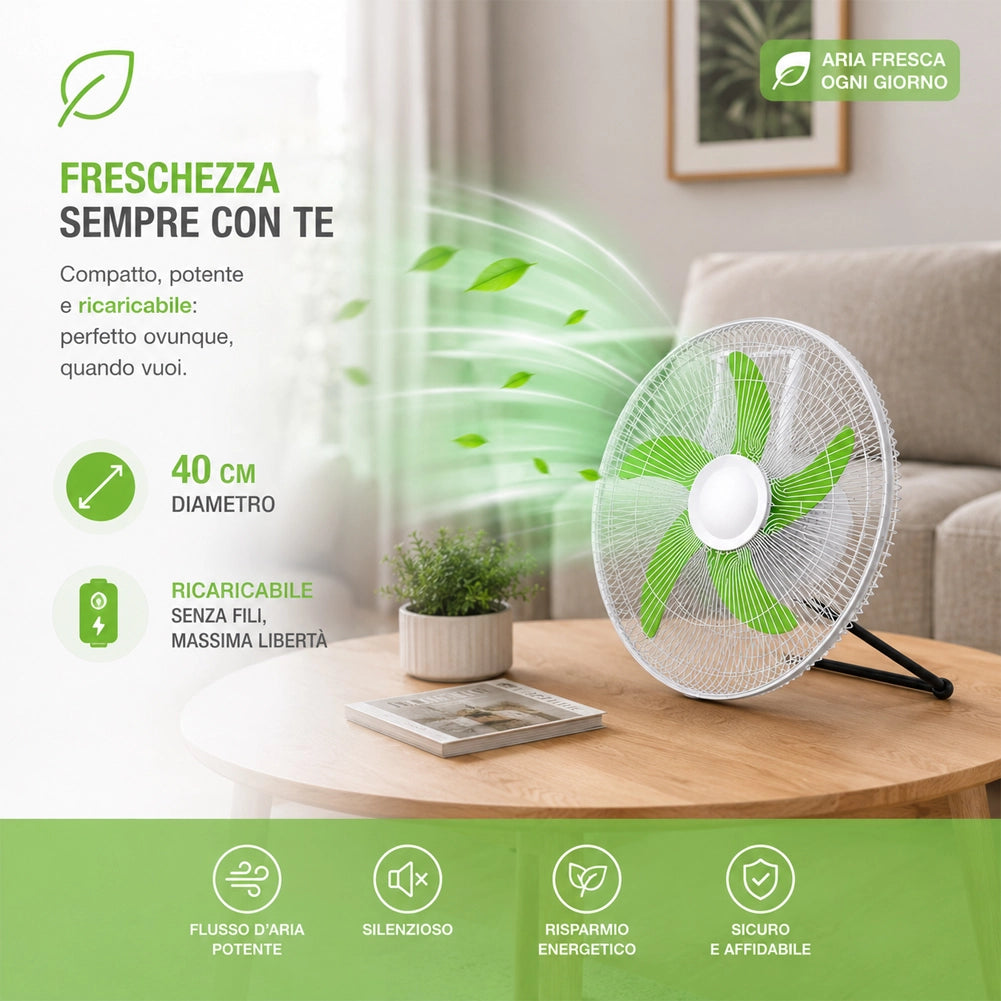 Ventilatore Ricaricabile 5 in 1 Telecomando da Parete Appoggio Piantana Soffitto