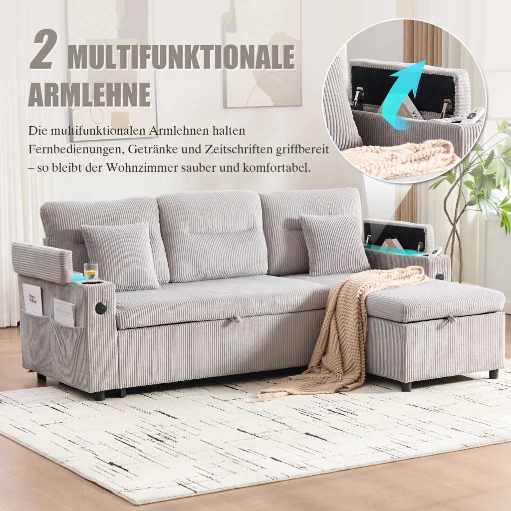 Divano letto a 3 posti con chaise longue idraulica, letto estraibile, USB-C e tessuto a coste grigio chiaro