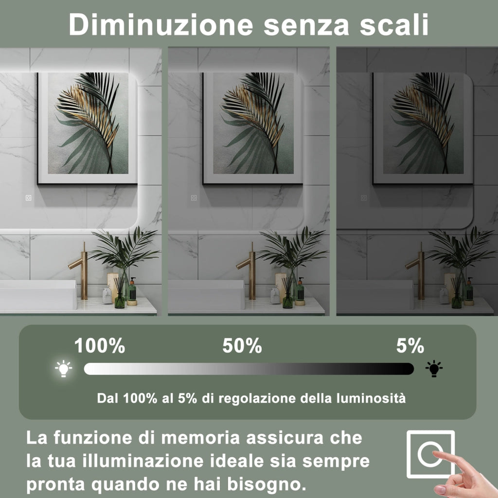 AICA Specchio da bagno 50 x 70 cm, dimmerabile, interruttore touch, Funzione Memoria