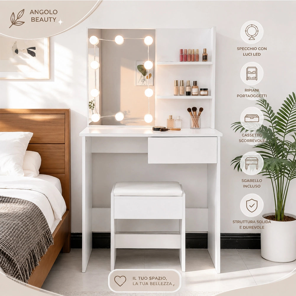 Toeletta Trucco con Sgabello e Luci Led Postazione Makeup Bianca 80x40x140 cm