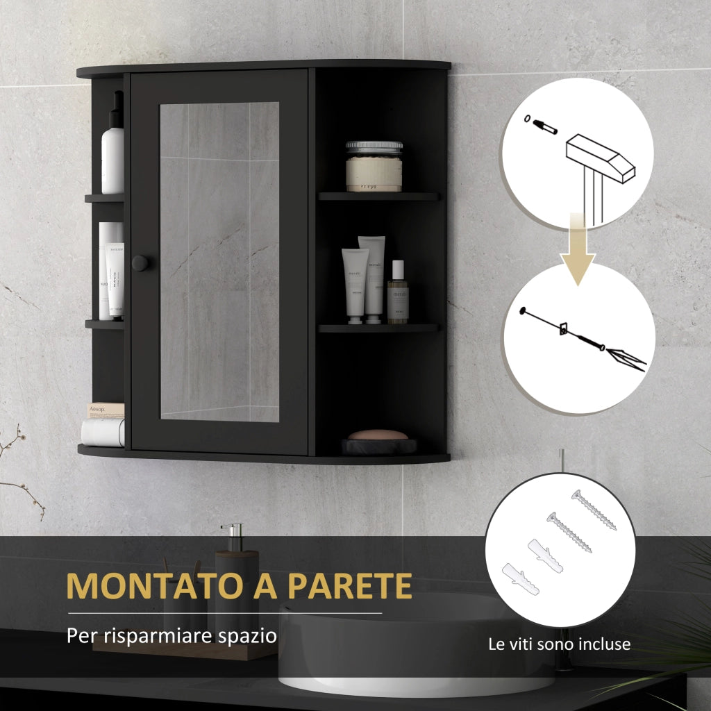 Armadio con Specchio da  Bagno 66x17x63 cm con 6 Ripiani Aperti e 2 Chiusi in Legno e Vetro Nero