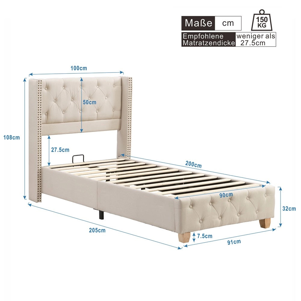 Letto Imbottito Singolo con Testiera e Rete a Doghe ¨C MINIMAL ¨C Lino Beige 90x200