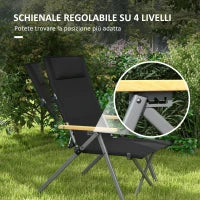 Sedia da Campeggio Pieghevole con Schienale Regolabile, in Alluminio e Poliestere 74x59.5x98 cm, Nero