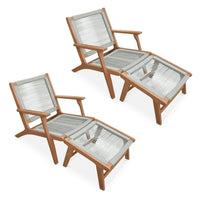 Set di 2 sedie da giardino in legno e corda con poggiapiedi, beige