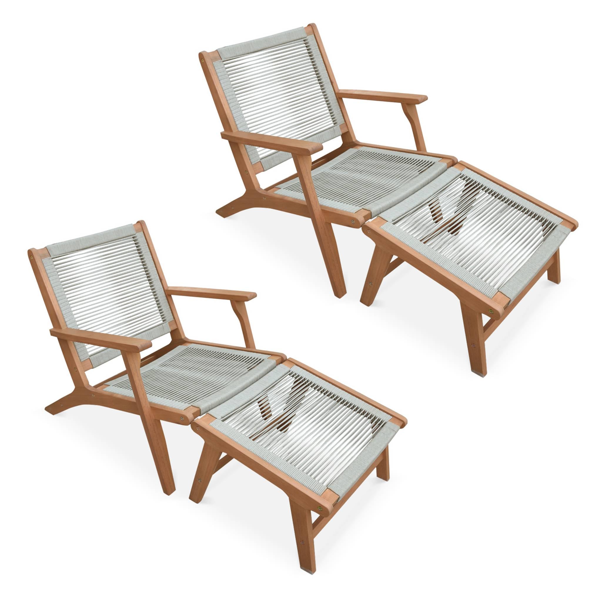 Set di 2 sedie da giardino in legno e corda con poggiapiedi, beige