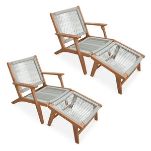 Set di 2 sedie da giardino in legno e corda con poggiapiedi, beige
