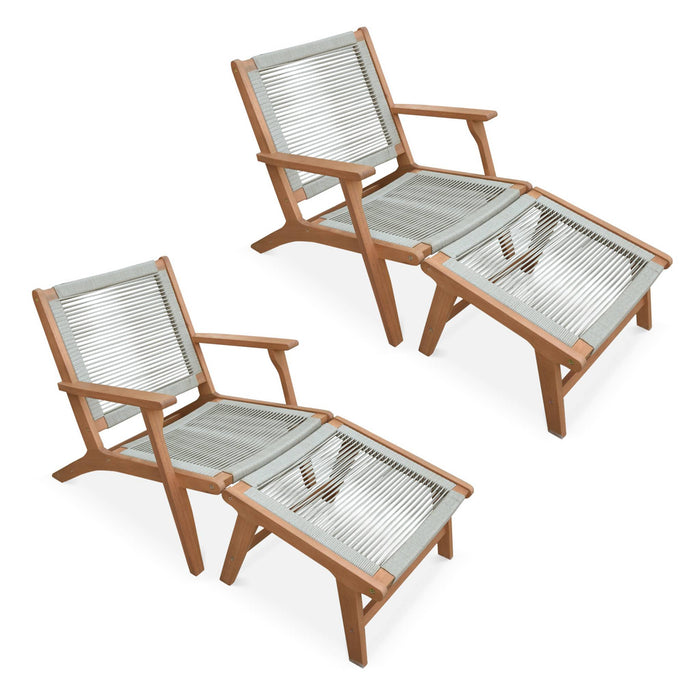 Set di 2 sedie da giardino in legno e corda con poggiapiedi, beige