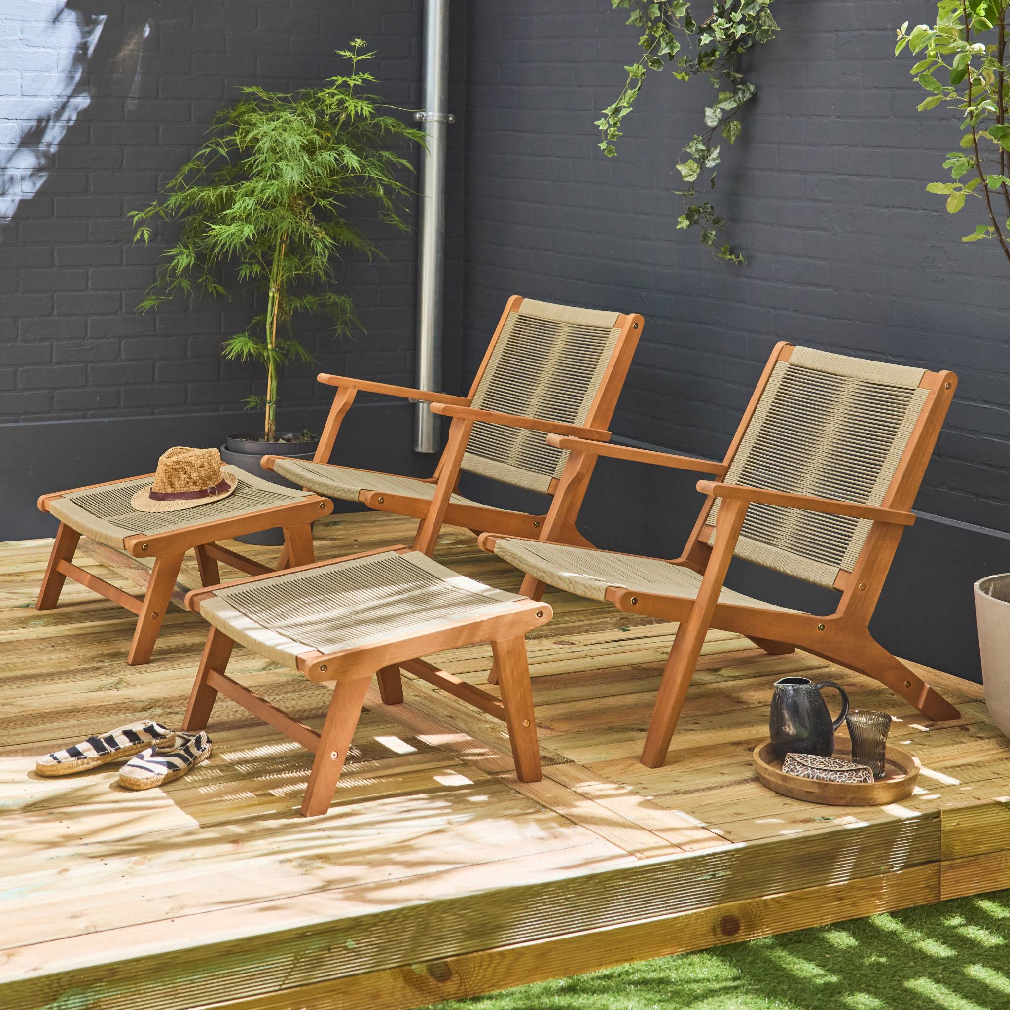 Set di 2 sedie da giardino in legno e corda con poggiapiedi, beige