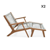Set di 2 sedie da giardino in legno e corda con poggiapiedi, beige