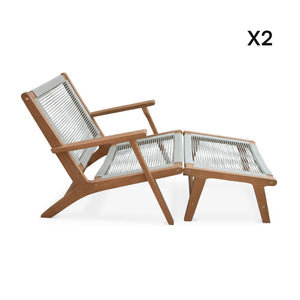 Set di 2 sedie da giardino in legno e corda con poggiapiedi, beige