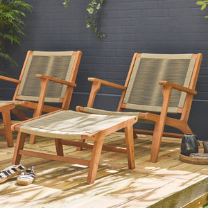 Set di 2 sedie da giardino in legno e corda con poggiapiedi, beige