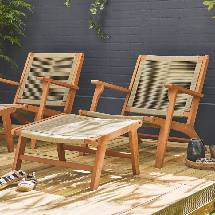 Set di 2 sedie da giardino in legno e corda con poggiapiedi, beige