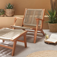 Poltrona relax in legno e corda con poggiapiedi, beige