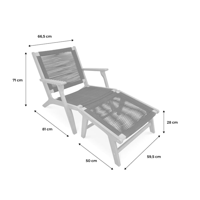 Set di 2 sedie da giardino in legno e corda con poggiapiedi, beige