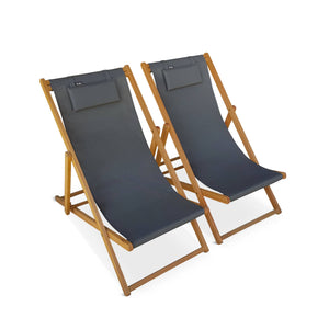 Set di 2 sedie sdraio in legno con cusino poggiatesta, antracite
