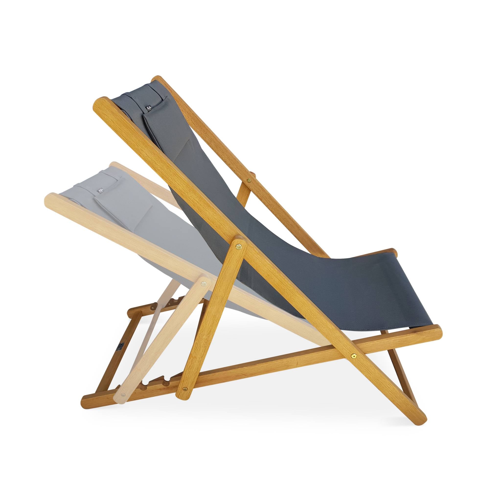 Set di 2 sedie sdraio in legno con cusino poggiatesta, antracite