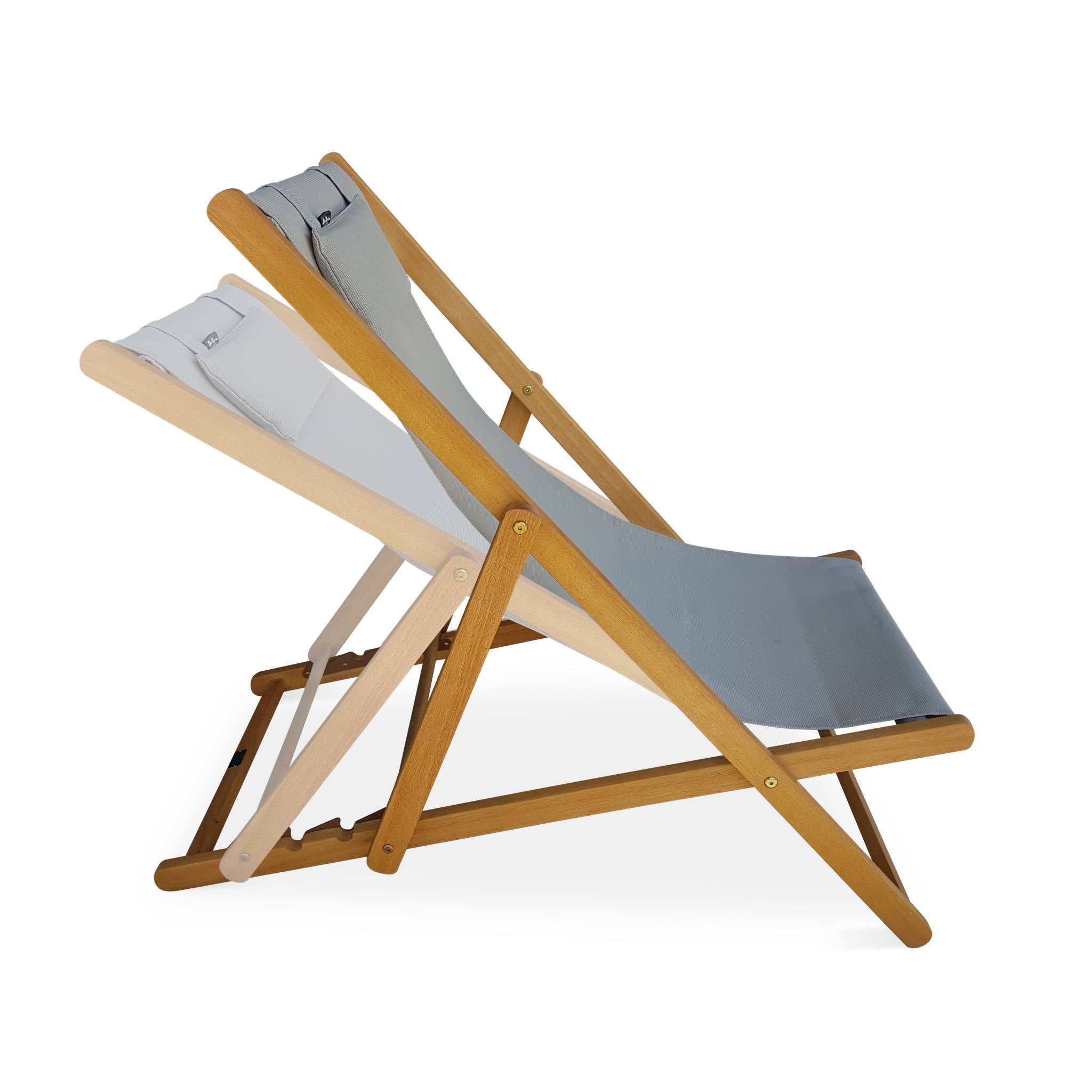 Set di 2 sedie sdraio in legno con cusino poggiatesta, grigio bruno