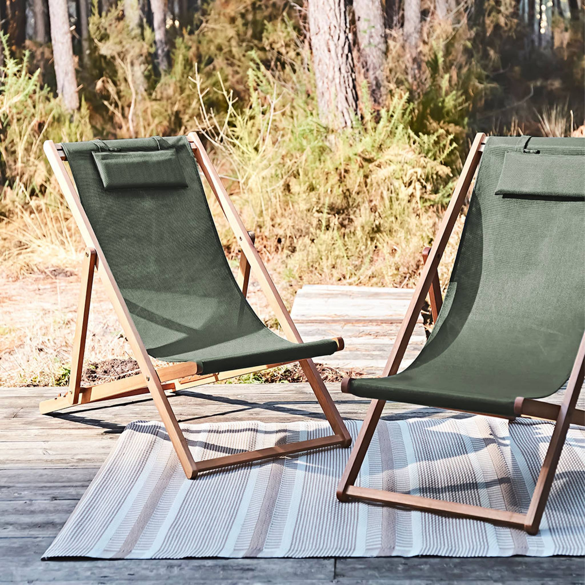 Set di 2 sedie sdraio in legno con cusino poggiatesta, verde kaki