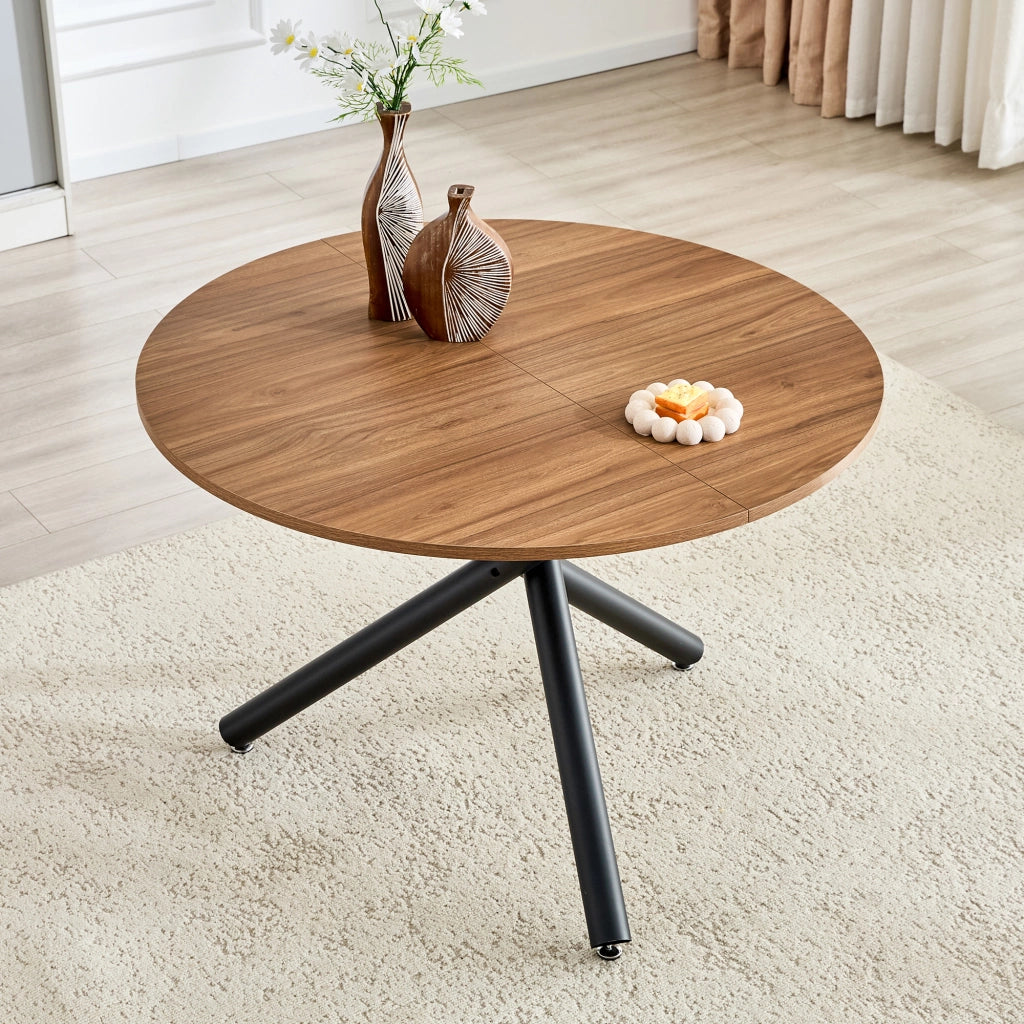 Tavolino basso rotondo con base in metallo a 3 gambe incrociate per soggiorno e camera, in MDF, nero e noce