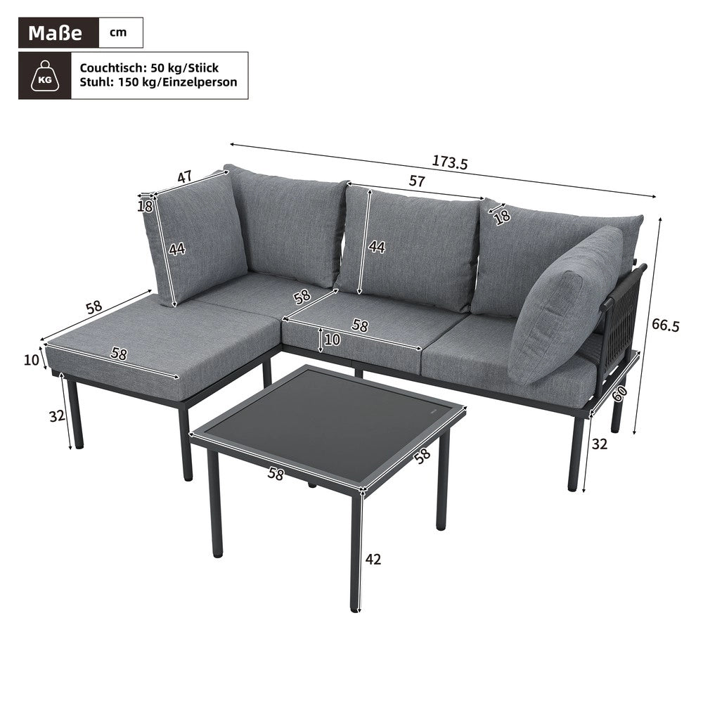 Set Divano da Giardino con Tavolino e Poggiapiedi ¨C Xylo ¨C Polyrattan, Grigio/Nero