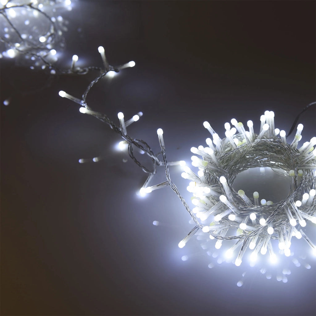 CATENA LUMINOSA DI NATALE A LED DA 300 LUCI BIANCHE FREDDE CAVO TRASPARENTE - TRASFORMATORE A BASSA TENSIONE PER INTERNI ED ESTERNI