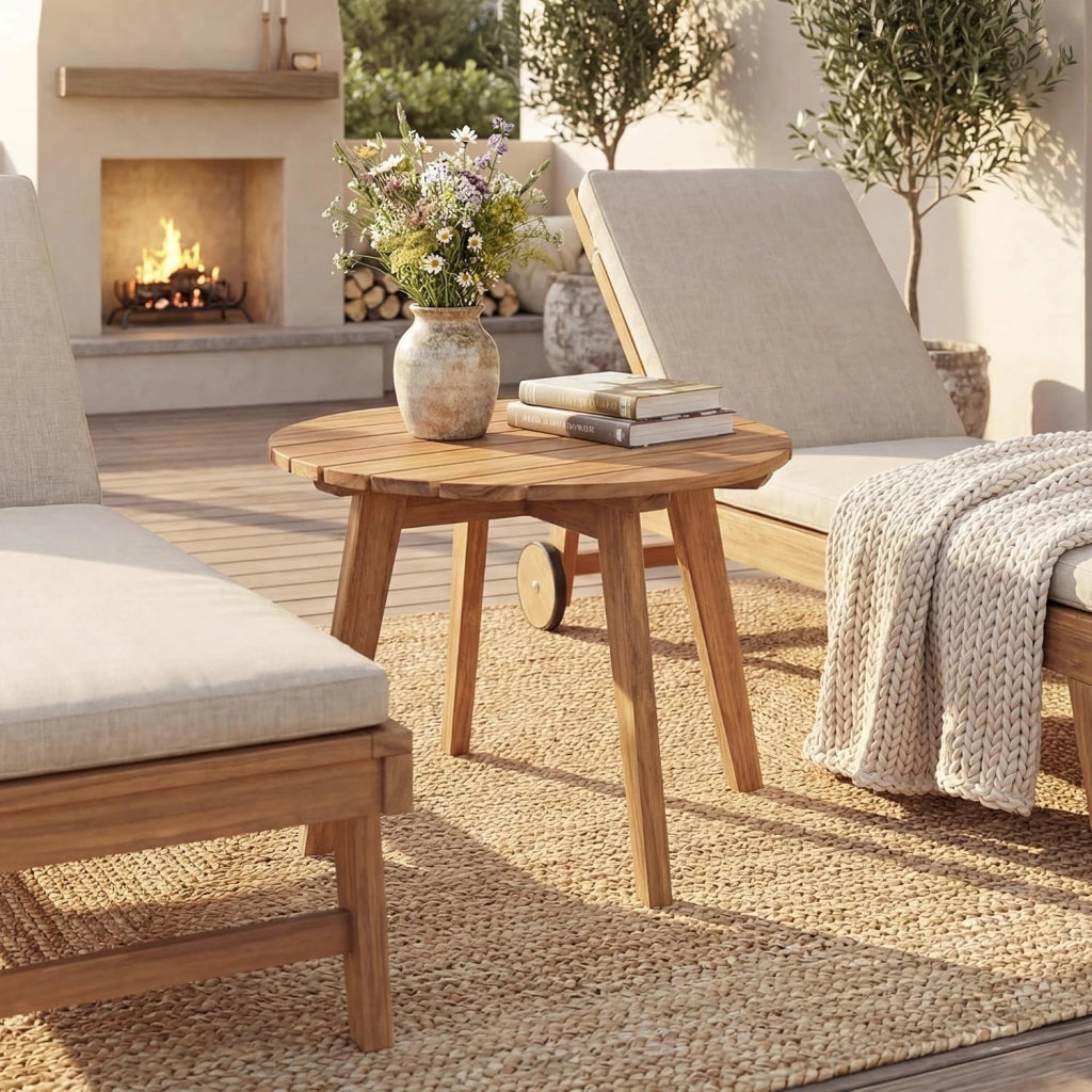 Tavolino da Esterno Rotondo in Legno Massello, Ø43 x 35 cm, Piccolo Tavolo Laterale da Balcone, Tavolino Basso da Salotto, Montaggio Facile, per Giardino, Terrazza e Soggiorno, Naturale