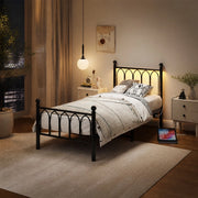 Letto in metallo 90x200 cm con testiera alta, LED, USB e presa, struttura in MDF e metallo, nero