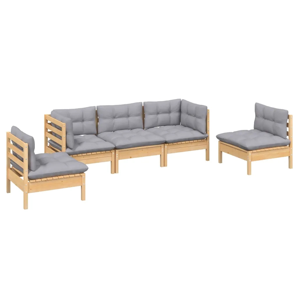 Set Divani da Giardino 5 pz con Cuscini Grigi Massello di Pino 3096183