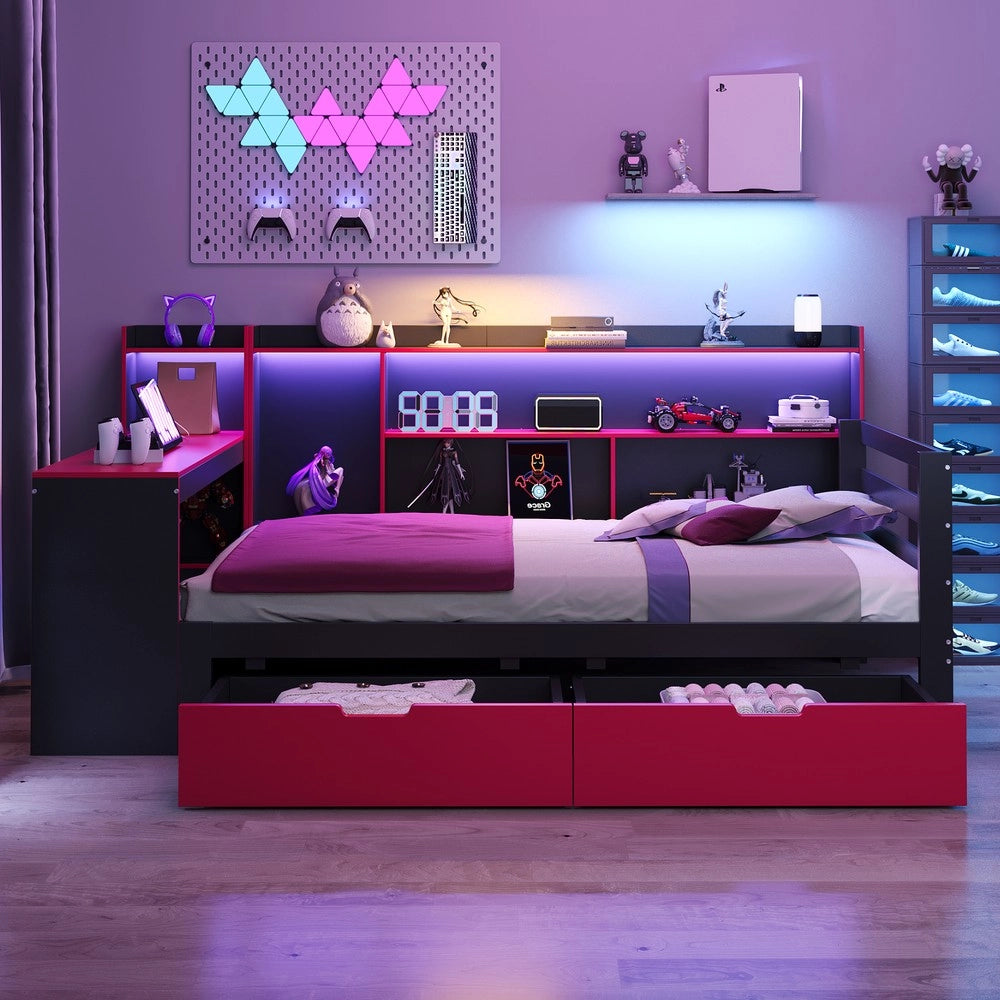 Letto a Soppalco con Scrivania, Scaffale, Cassetti e LED ¨C Xylo ¨C Legno Nero, 90x200