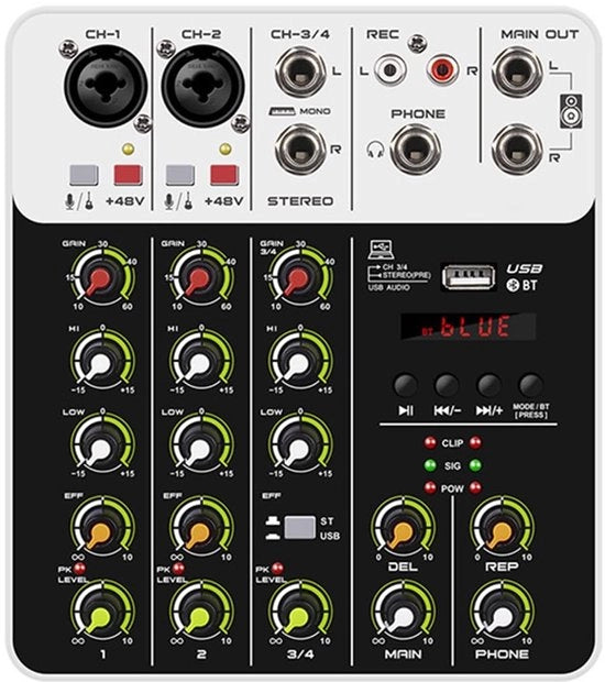 Mixer DJ con alimentazione fantasma 48V - tuner audio - mixer audio live - amplificatore casco - microfono laptop - leggero e compatto