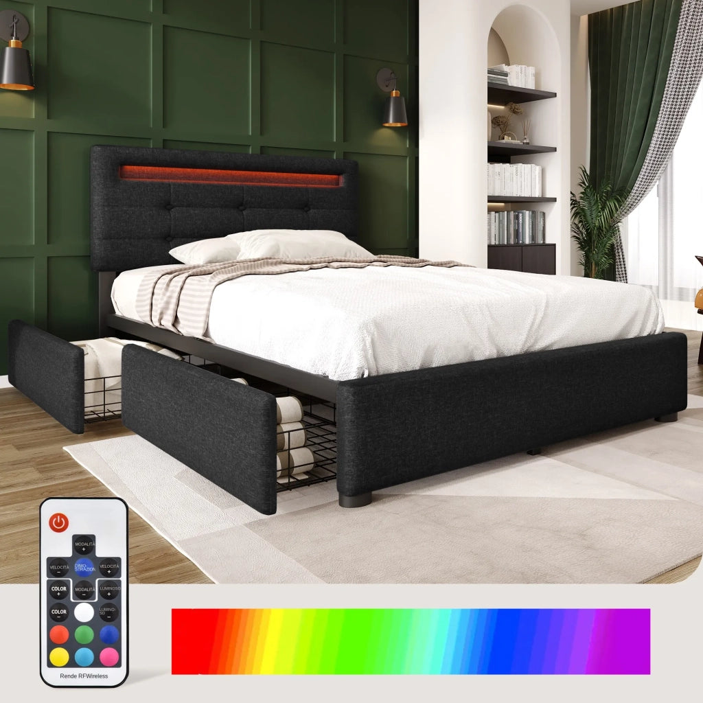 Letto singolo imbottito 90x200 cm con LED; 2 cassetti; testiera regolabile e rete a doghe; nero
