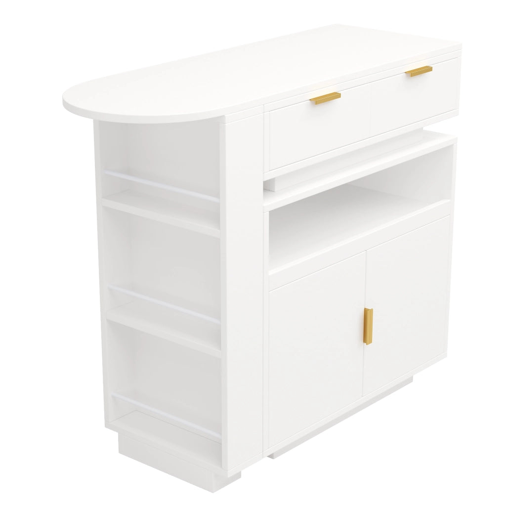 Tavolo bar allungabile con vano contenitore, piano girevole e illuminazione LED, bianco