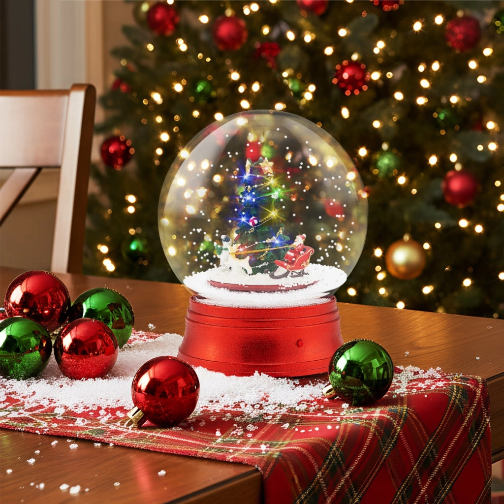 Lampione stradale musicale di natale nevicata soffiante e 15 luci LED colorate-Globo della neve su supporto con babbo natale e pupazzo di neve