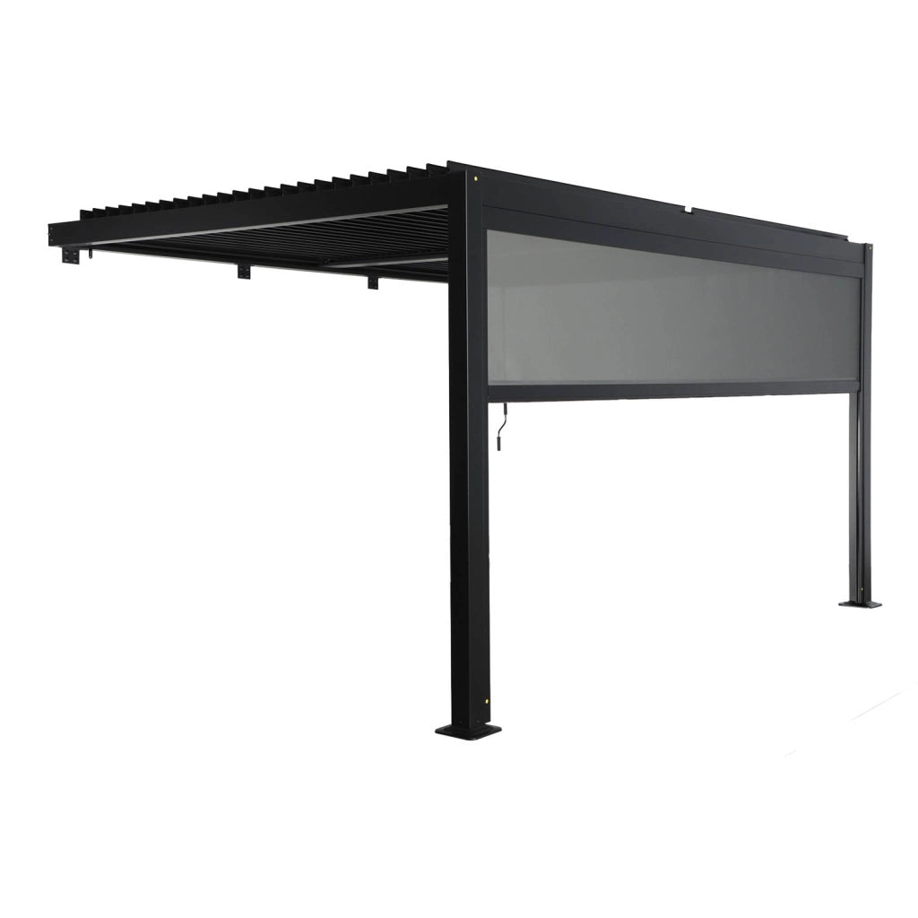 Pergola bioclimatica in alluminio addossata 4x3m + 1 tenda 4m , nero