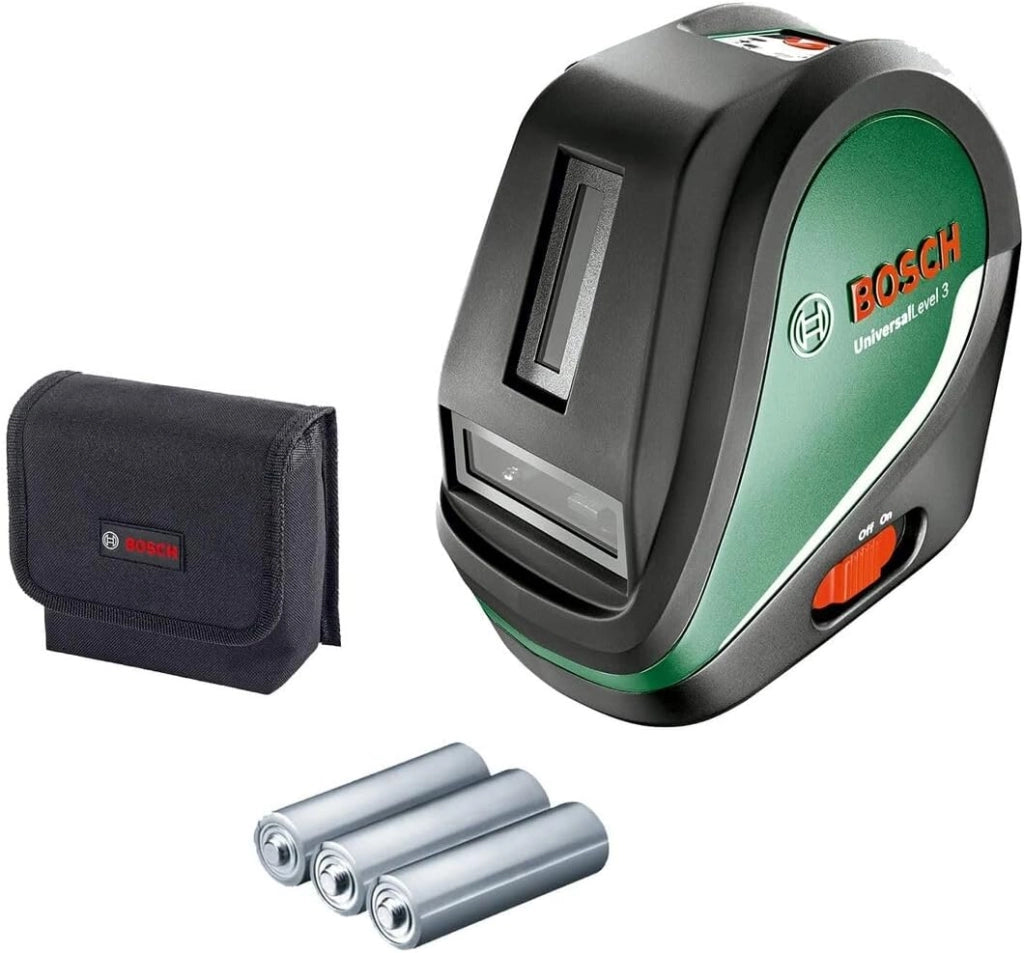 Bosch livella laser multifunzione UniversalLevel 3 (3 linee laser incl. linea verticale a 90° per una croce laser aggiuntiva sul soffitto e punto a piombo inferiore per allineamenti precisi)