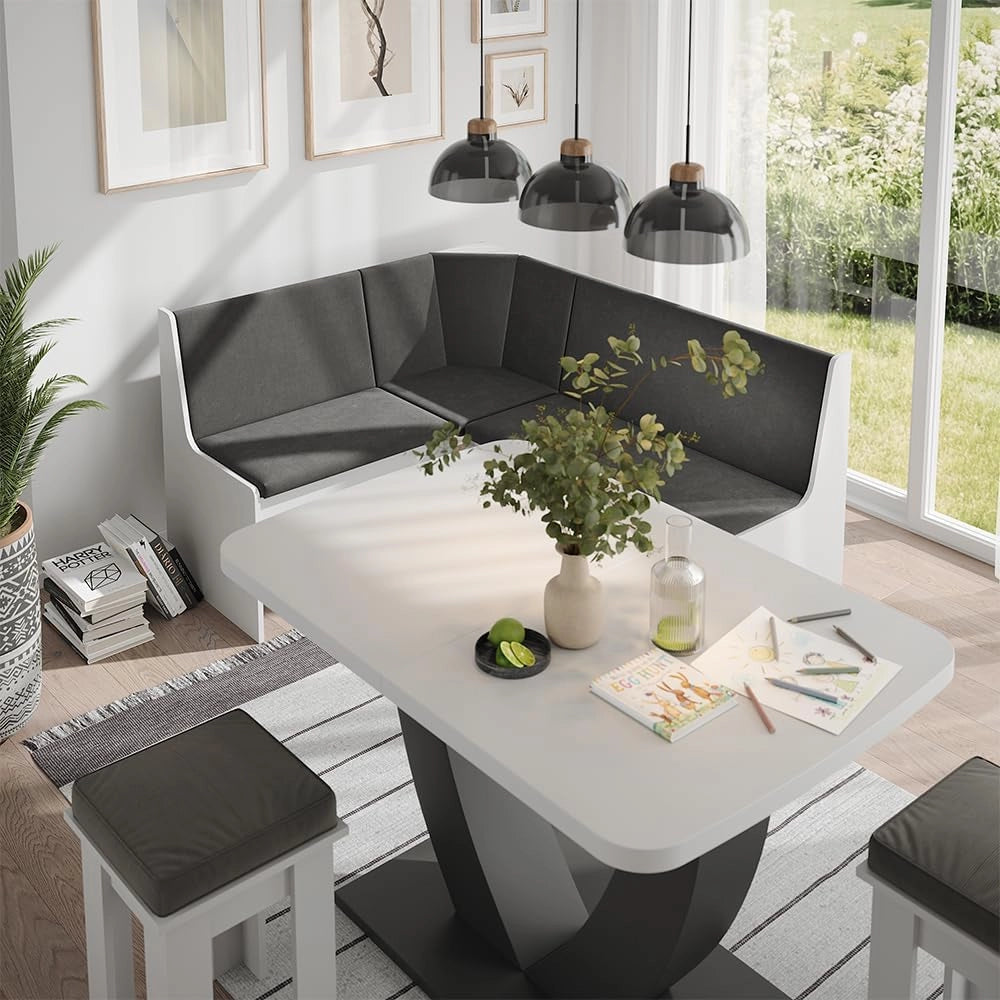 panca ad angolo Ramon, Bianco, 150 x 51 cm con spazio di archiviazione, con vano portaoggetti sotto la seduta per spazio aggiuntivo