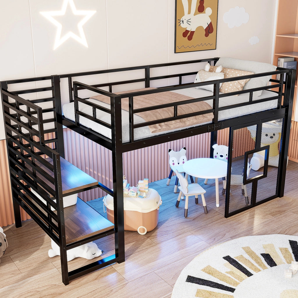 Letto a soppalco 90x200 cm con scala; contenitore; LED e finestre in metallo e MDF nero