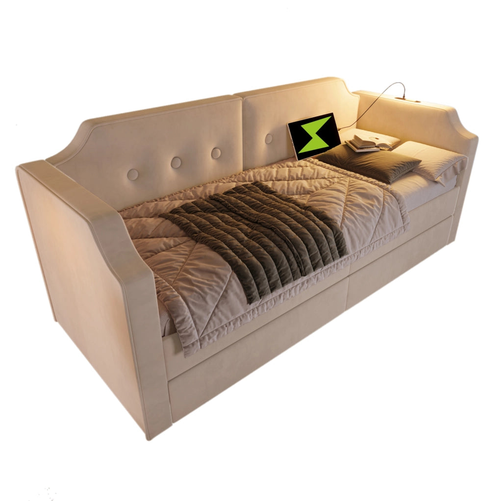 Letto singolo imbottito 90x200 cm in velluto beige con USB Type-C; lampada da lettura e 2 cassetti