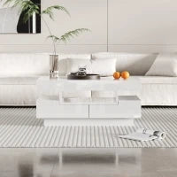 Tavolino da Salotto con Striscia LED Integrata, 4 Cassetti Frontali e Posteriori, Bianco