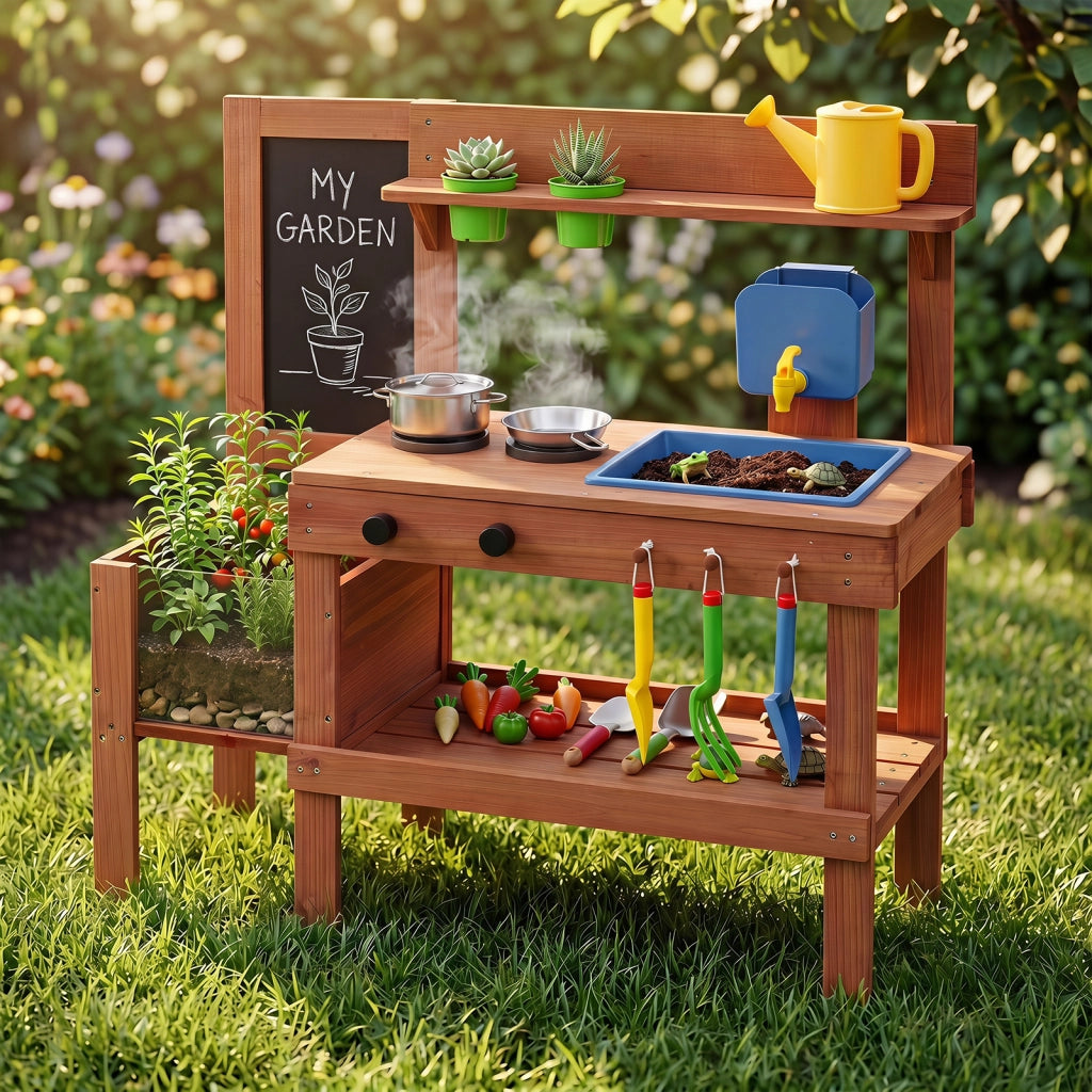 Cucina giocattolo per bambini per bambini 3+ anni cucinetta in legno, Cucina da fango interattiva con accessori per giardinaggio