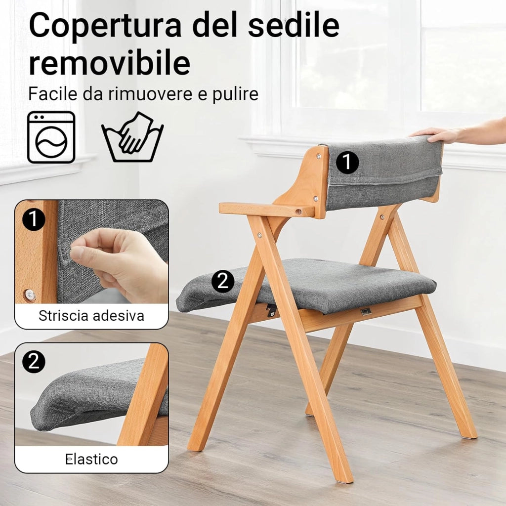 Sedia Pieghevole in Legno con Cuscino – Sedie Giardino Pieghevoli e Sedie Pieghevoli da Interno in Legno, Sedia da Giardino Pieghevole per Ufficio Ospiti, Cucina o Balcone Colore Grigio FST98-HG